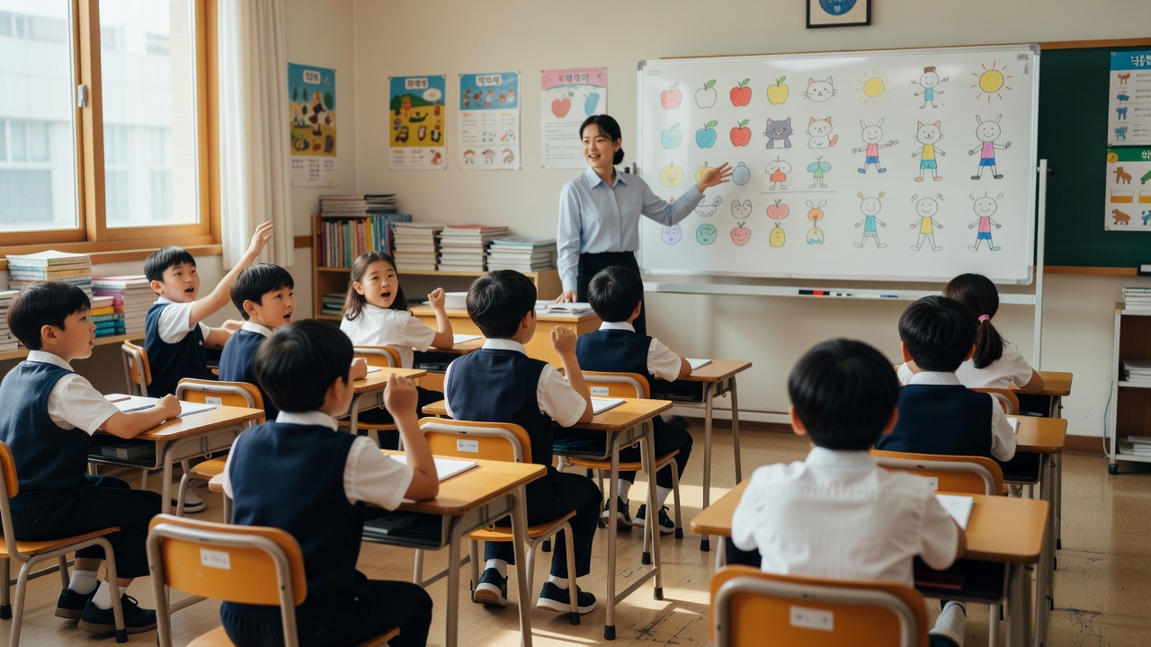 초등 방과후 영어 수업의 학교 교실 장면