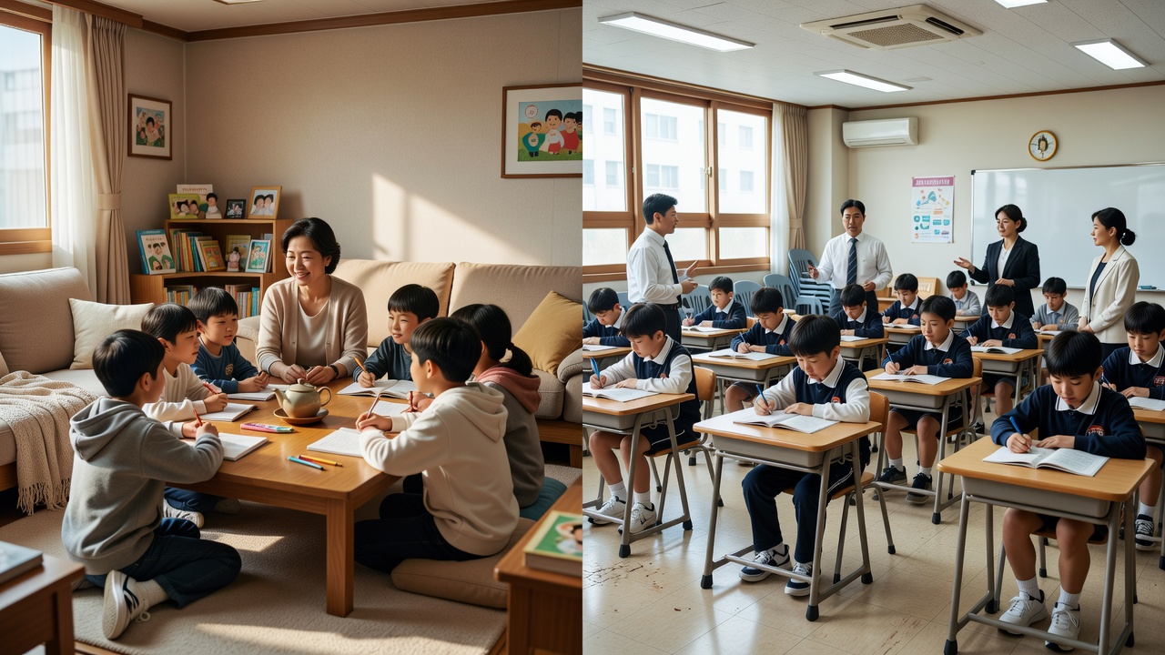 공부방 학원 차이 를 보여주는 초등학생 수업 장면